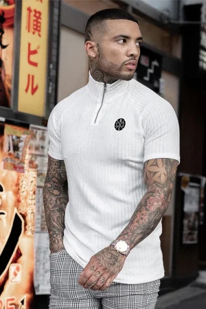 Men Slim Fit Sports Turtleneck Polo Shirt Gym Bodybuilding Fitness Sport T-Shirt Breathable Quick Dry Short Sleeves Strips Shirt