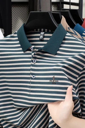 2025 New Lapel Striped T-shirt Men's Long Sleeved Spring and Autumn New Top Casual Polo Shirt Men