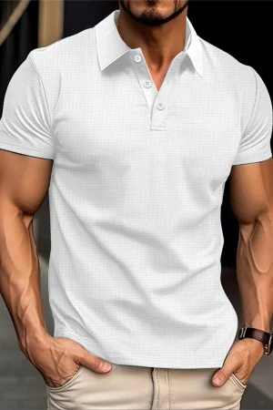 Summer Men's New style Daily Comfort Leisure solid Color Waffle Check Fashion item Outdoor muscle Sports Stand collar POLO shirt