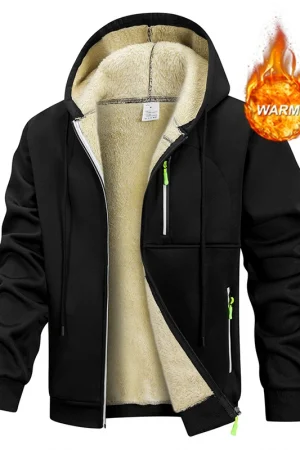 Men's Winter Warm Sherpa Plush Lined Jacket Casual Zip Up Hooded Coat with Zipper Pockets Male Fleece Outerwear Outfits Tops