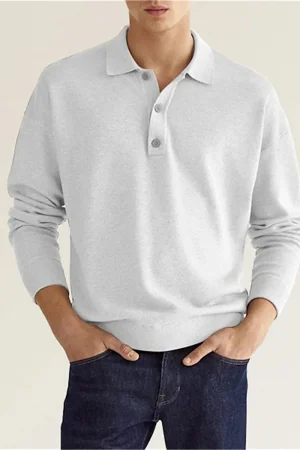 Spring and Autumn New Style Men's Business Leisure Office Relaxed Breathable Solid Color Button V-Neck Long-Sleeved Polo Shirt