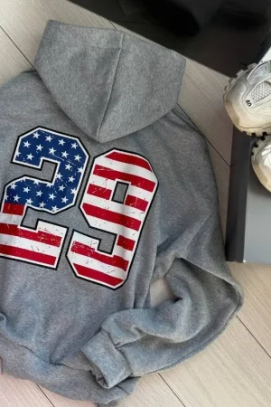 Retro American Flag 29 Print Zip Up Hoodie Y2K Mens Womens Unisex Grey Hoodie Fashion Casual Street Jacket Streetwear