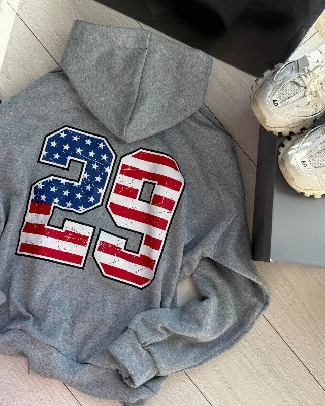 Retro American Flag 29 Print Zip Up Hoodie Y2K Mens Womens Unisex Grey Hoodie Fashion Casual Street Jacket Streetwear