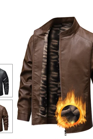 Autumn Winter Men's Leather Jacket Casual Thin Warm Loose Fit Windproof Warm Male Casual Leather Jacket Stand Collar Bomber Coat