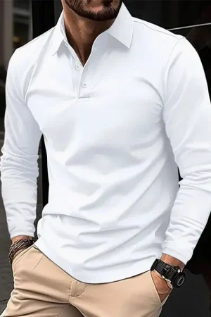 Autumn Winter Men Clothes Long Sleeve Pure Color Polo Shirt 100% Polyester Casual Tops Medium Elasticity Can Be Worn for Sports